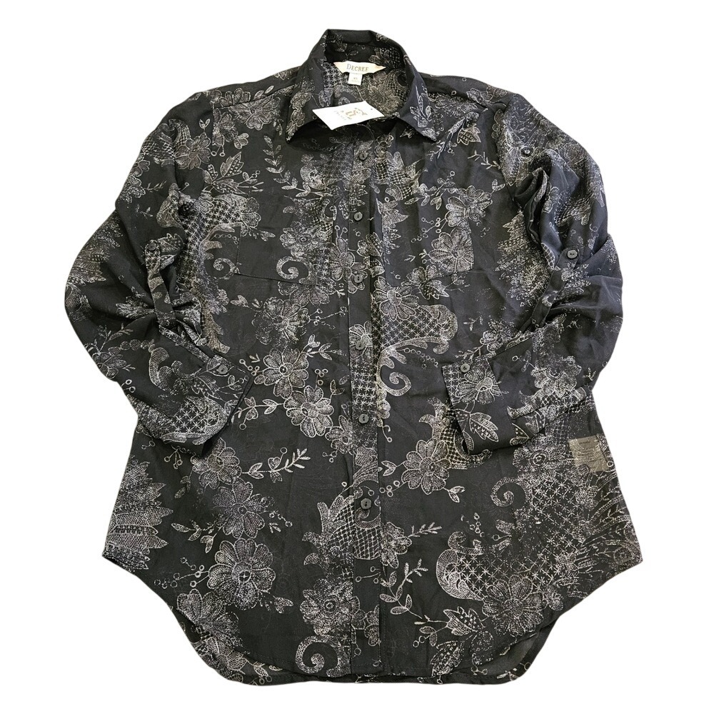 Decree Womens XS Black Floral Paisley Button Down Shirt Sheer Roll Sleeve NWT